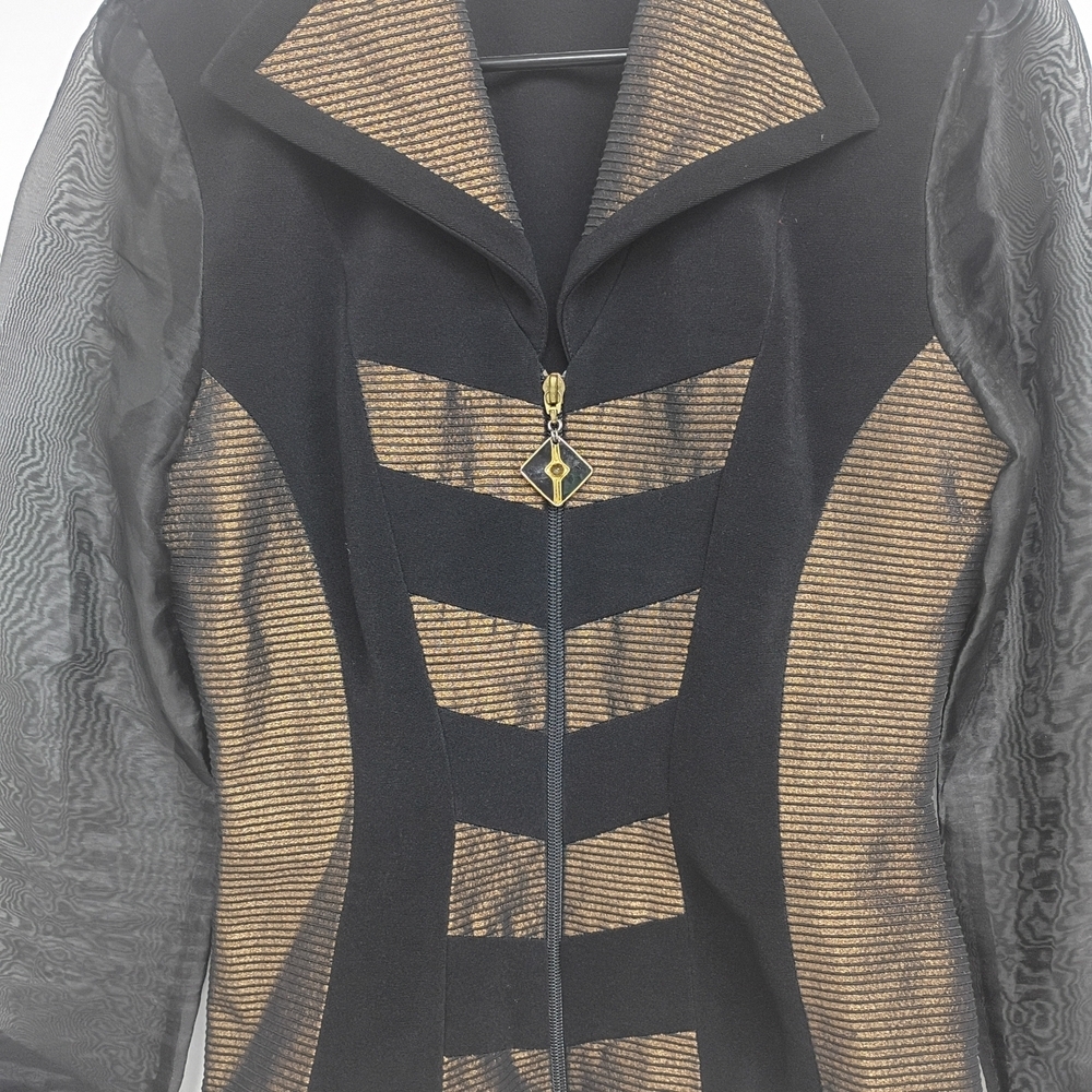 Vintage Black Jacket with Bronze Mesh Accents - Women's Tailored Zip Blazer - Picture 9 of 12